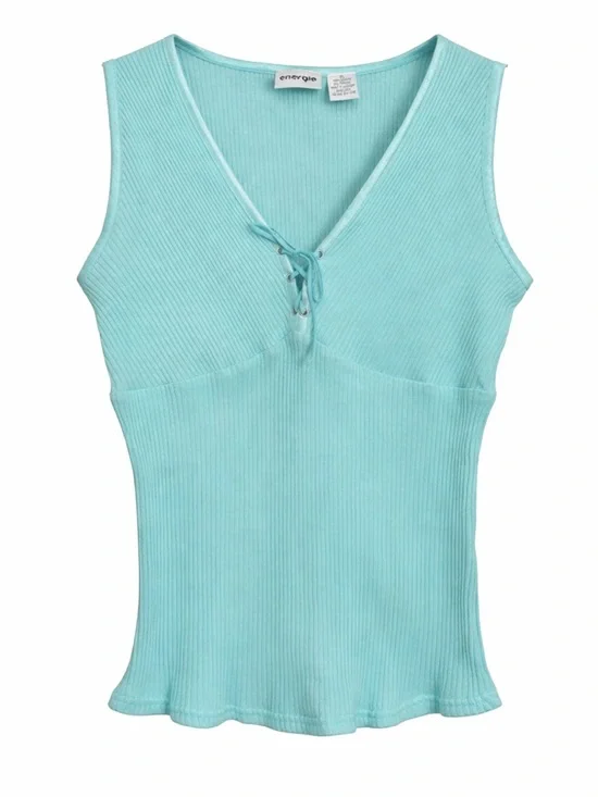 Y2K Stretch | XL | Energie Aqua Ribbed Tank Top Lace Up V Neck Fitted - Picture 1 of 5